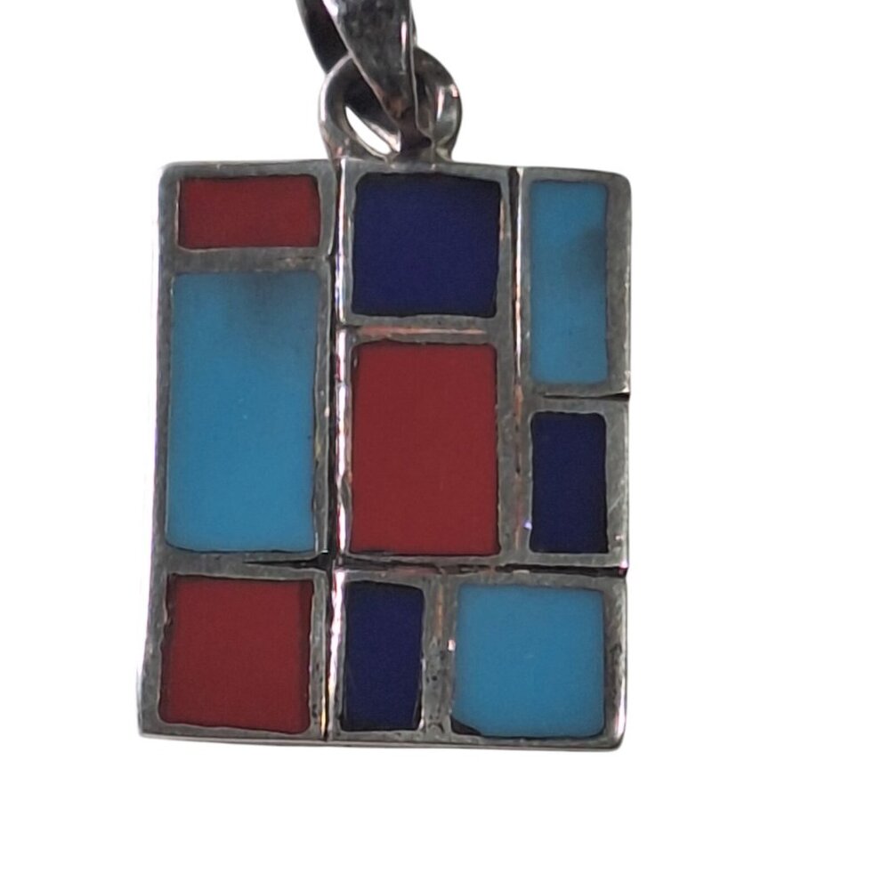 Vintage Sterling Silver Turquoise Coral Lapis Inlaid Rectangle Pendant  7.5g - Picture 10 of 12
